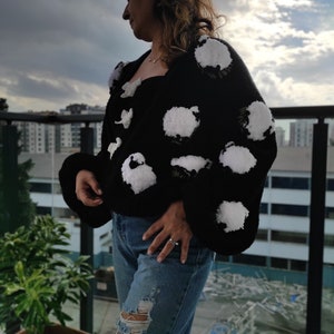 Hand-Knitted Sheep Cardigan: Chunky Wool Blend, Cottagecore Outfit