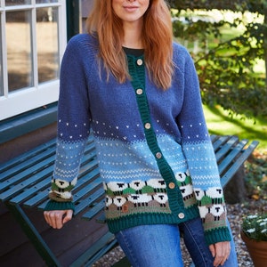 Women's Hand Knitted Snowy Sheep Cardigan - 100% Wool - Comfy Blue & Pastel Cardi - Cute Winter Lamb - Cosy Sheep Cardigan - Pachamama