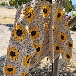 Handmade Crochet Sunflower Cardigan - Boho Floral Sweater, Eco-Friendly Cotton, Cozy Spring Festival Fashion