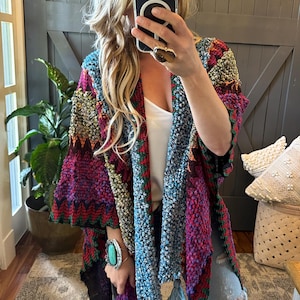 Handmade Bohemian Lavender Tribe Cardigan, Loom Knit Pink Tassel Robe, Women's Crochet Sweater