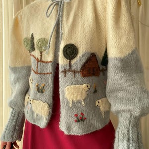 Vintage Hand Knitted Woolen Cardigan Sheep and Farm Embroidery Cottagecore Knit Cozy Knitted Woolen Cardigan Whimsical Country Style