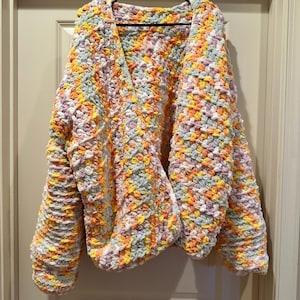 Handmade Crocheted Cardigan: Pastel Varg, Waist Length