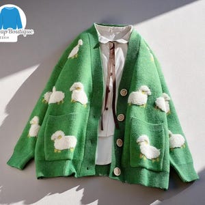 Adorable Sheep Knitwear | Cozy Animal Cardigan | Color Block Sweater | Women’s Fall Outfit | Cute Pocket Design | Soft Loose Fit