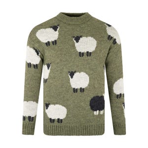 Pure British Wool Black Sheep Scene Jumper in Green/Made In UK/S-XL