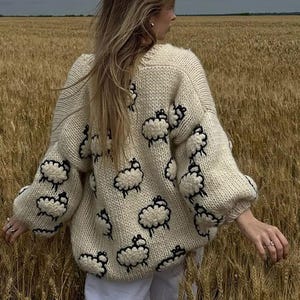 Handmade Sheep Print Knit Cardigan for Women – Elegant Lantern Sleeve Loose Sweater, Fall Winter Chic