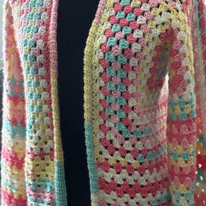 Pastel Hexagon Crochet Cardigan – Handmade Boho Sweater | Size Small