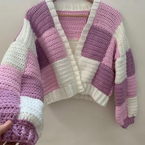 Handmade Crochet Patchwork Cardigan: Pastel Pink Purple Y2K Knit Jacket