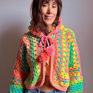 Pastel Rainbow Crochet Granny Square Cardigan with Hood (Small)