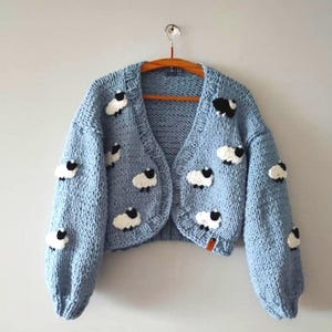 Sheep blue cardigan, trendy chunky sweater, black sheep on whites princess cardigan, wool knitted christmas clothes, custom order knittings