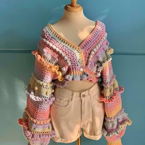 Handmade Crochet Rainbow Ruffle Cardigan – Colorful Festival Knitwear with Puffy Sleeves