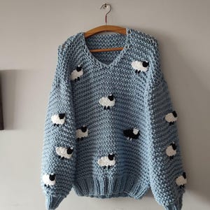 Chunky Sheep Sweater Men, Handmade Knit Pullover, Cozy Blue Wool Jumper, Oversized Winter Sweater, Farm Animal Knitted Jumper