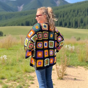 Handmade Crochet Granny Square Cardigan: Pastel Rainbow Knit Duster