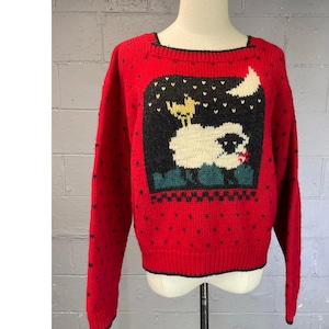 Vintage Woolrich Sheep Moon Novelty Knit Wool Sweater Red Black Medium Large