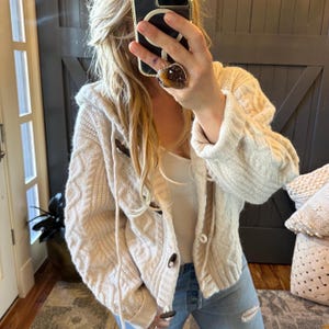 Handmade Fisherman's Knit Hooded Cardigan: Chunky Wool Blend Sweater Coat