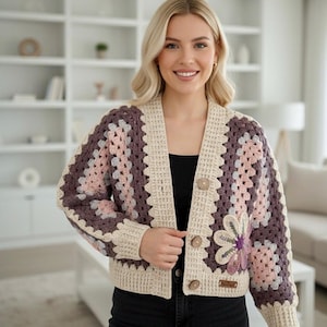 Handmade Crochet Cardigan – Pastel Pink and Cream Granny Square Sweater, Knit Cardigan – Cozy Boho Knit Jacket, Christmas Gift for her
