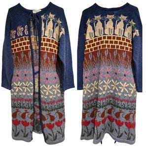 Hand-knit Sally's Woollies Scottish Wool Folk Art Cardigan Duster Cottage Boho