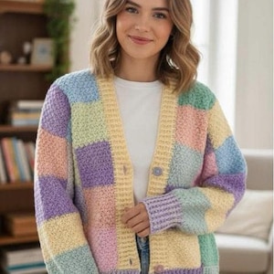 Crochet Pastel Patchwork Cardigan | Handmade Color Block Sweater