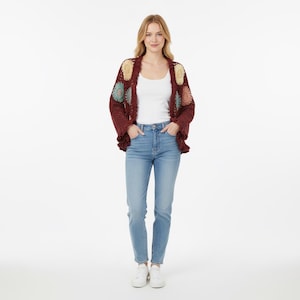 Handmade Crochet Burgundy Cardigan with Pastel Floral Motifs