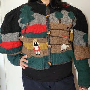 Vintage Handknit Wool Cardigan – 80s Folk Scene Sweater, M/L