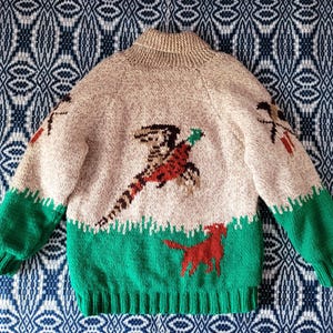 1950s Mary Maxim "The Pheasant Hunt" Cowichan Cardigan Sweater M L
