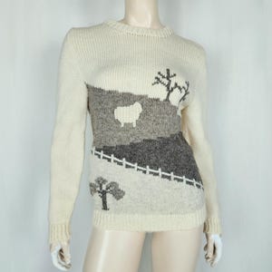 Vtg wool knit sheep landscape sweater S  made in New Zealand