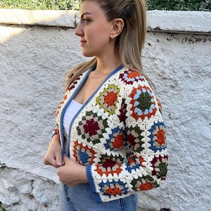 Hand Knitted Crochet Crop Cardigan: Colorful Granny Square Cotton Sweater