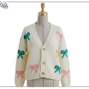 Handmade Bow Applique Cardigan, White Chunky Knit Sweater, Pastel Ribbon V-Neck Top, Coquette Style Knitwear